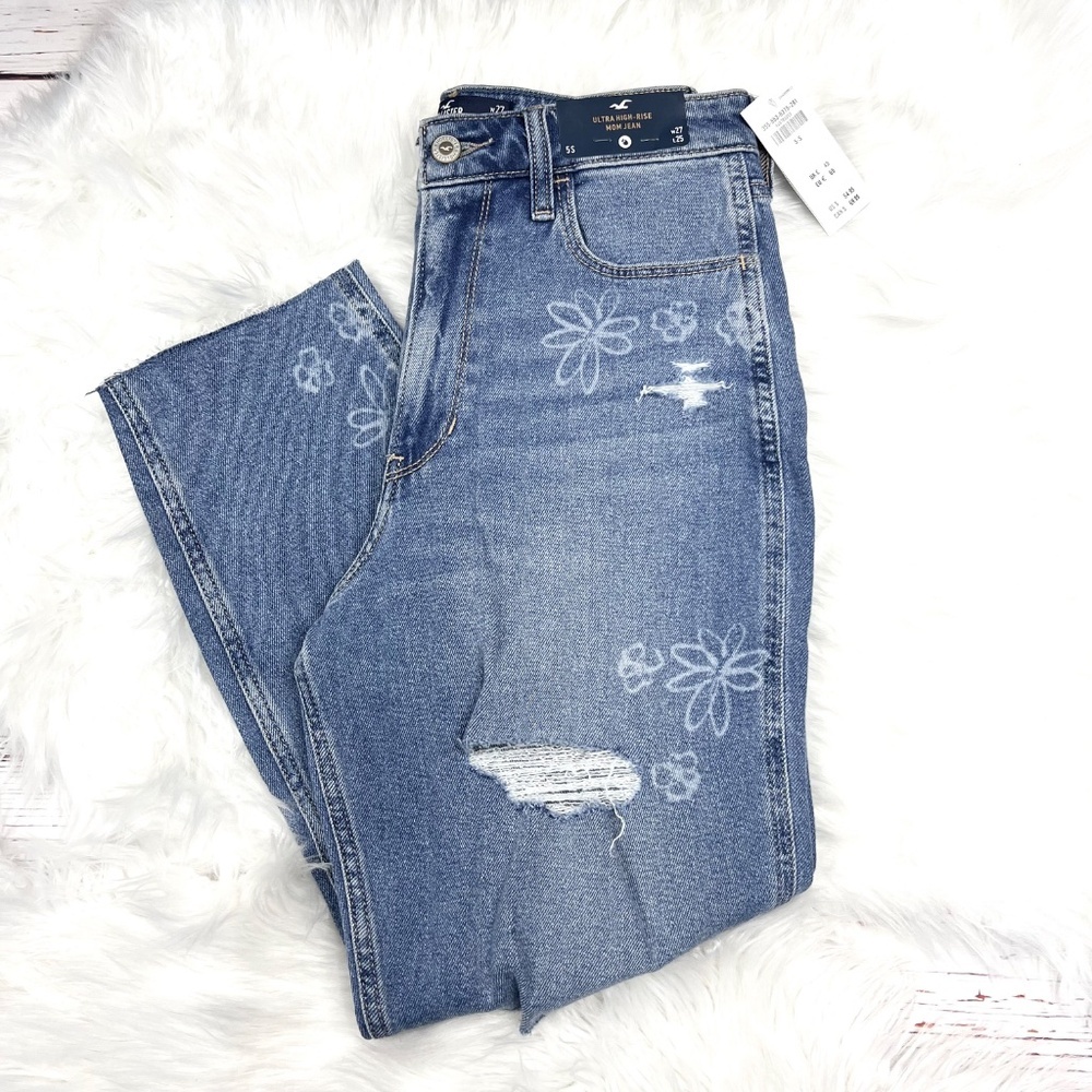 👖NWT🤩 |•HOLLISTER•| Ultra High-Rise Mom Jeans Flowers Size 5 Short 27x25👖 - Picture 3 of 12